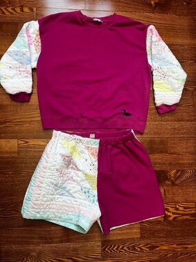 Pink Crewneck Sweater with Patchwork Quilted Sleeves and Matching Shorts Set